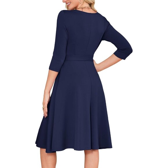 Women's Navy 3/4 Sleeve Vintage Flattering A-line Vintage Cocktail Dresses - Picture 5 of 5